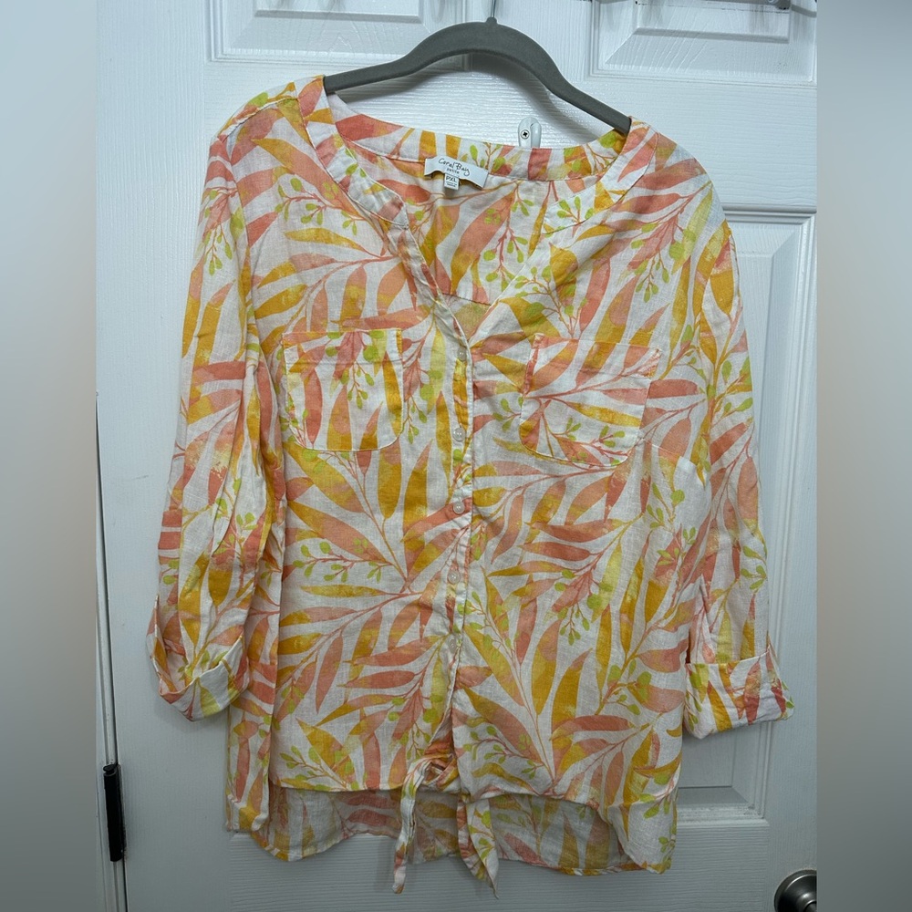 CORAL BAY Womens Petite Size PXL  Linen Blend Button Up tie front blouse